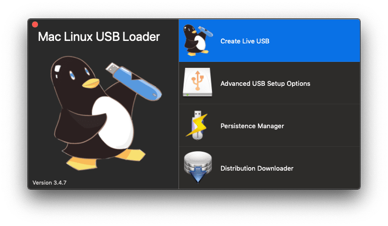 The main screen of Mac Linux USB Loader, showing its logo and various options.